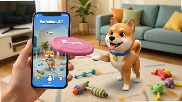 Furbulous AR互动游戏界面,手机屏幕中显示虚拟飞盘和一只柴犬的3D模型,主人正拿着手机在客厅地板上操作,周围有真实的宠物玩具,画面采用增强现实技术风格,虚实结合,色彩鲜艳明快,突出科技感与娱乐性