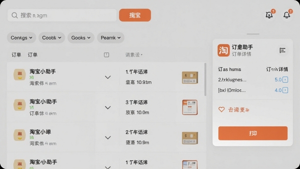 淘宝小小助手订单处理功能界面预览,画面中央是订单列表,顶部有搜索框和状态筛选标签,右侧显示订单详情卡片,配以打印按钮高亮显示,整体界面干净专业,色彩柔和