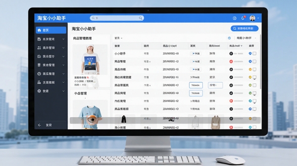 淘宝小小助手主界面预览图,展示软件在电脑桌面运行的全景,左侧清晰的导航菜单栏,右侧显示商品管理数据列表,整体界面采用蓝白配色,现代简洁风格,画面清晰明亮,突出软件核心功能布局