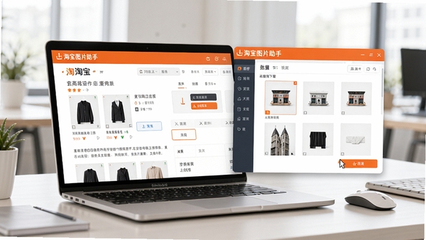 电商工作台场景,一台笔记本电脑屏幕显示淘宝商品详情页,旁边有软件界面悬浮窗,正在批量下载图片,桌面整洁,鼠标光标指向下载按钮,背景虚化的办公环境,明亮自然光,写实风格,突出“淘宝图片助手”界面名称