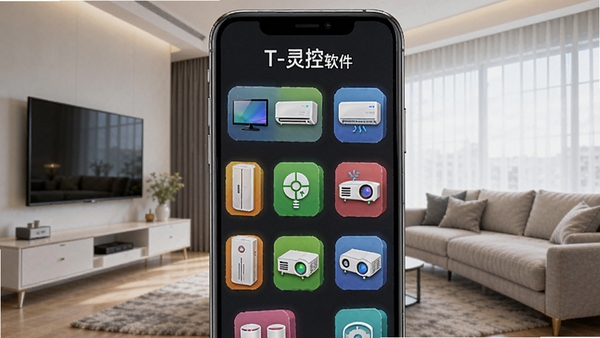 T-灵控软件界面展示多种家电设备图标,包括电视、空调、投影仪,背景为现代家居客厅,手机屏幕居中,图标排列整齐,色彩鲜艳,突出软件名称T-灵控,整体画面清晰明亮,适合功能预览图