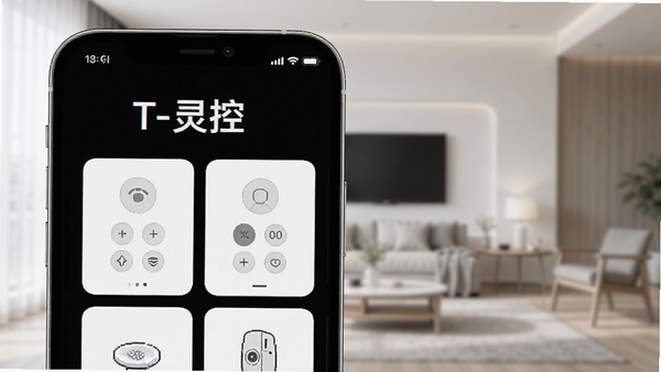 一张T-灵控应用主界面的高清截图,手机屏幕中显示多个家电遥控器卡片,背景为简约客厅环境,光线明亮,画面干净,突出软件名称T-灵控,整体风格现代科技感,适合应用商店展示图