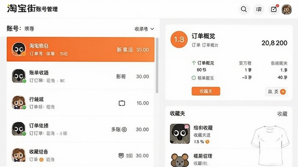 一张显示淘宝街软件账号管理界面的图片,画面左侧是账号列表,右侧显示当前账号的订单概览和收藏夹,整体设计简洁,突出多账号并行管理的便利性