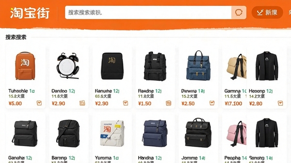 一张展示淘宝街软件商品搜索页面的图片,搜索框位于顶部,下方网格布局展示各类商品图片和价格标签,界面色彩明亮,商品图片清晰,体现软件便捷的搜索购物体验