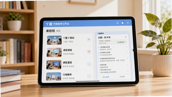 丫题丫网校学习平台主界面预览图,画面中央展示一个智能平板设备,屏幕上显示课程列表和习题解析,背景为温馨的书房环境,书架与绿植点缀,整体色调明亮清新,突出在线教育氛围,无人物正脸,Boogu模型生成