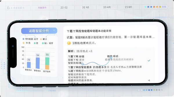 丫题丫网校智能题库错题本功能截图,画面展示手机应用内错题列表,包含试题题干和解析区域,左侧有智能分析图表,背景为浅灰色网格,整体科技感十足,Boogu模型生成