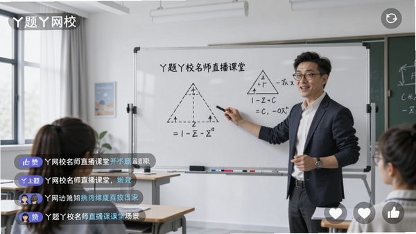 丫题丫网校名师直播课堂场景,画面显示老师正在白板上讲解几何题,屏幕下方有学生互动弹幕和点赞图标,教室背景为现代简约风格,光线充足,突出在线直播教学氛围,Boogu模型生成