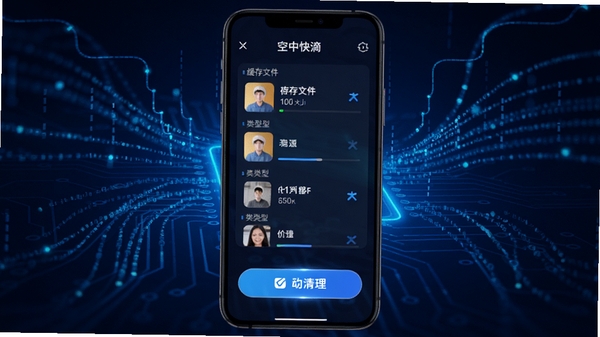 空中快滴手机存储空间清理过程示意图,显示扫描出的缓存文件大小和类型,背景为科技感十足的深蓝色数据流,配以清理按钮,体现出软件强大的优化能力,风格为现代科技风