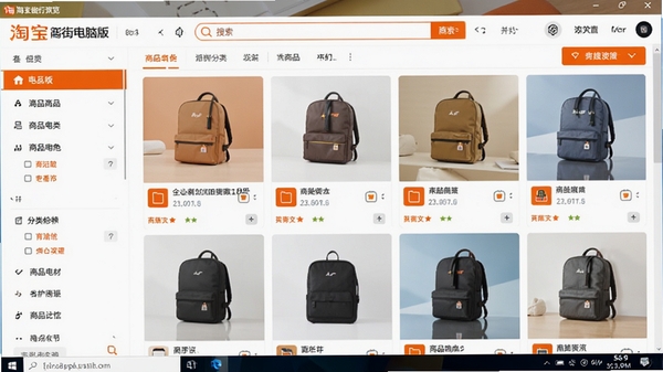淘宝街电脑版主界面预览图,展示软件在Windows桌面运行的完整界面,左侧为商品分类导航栏,右侧为瀑布流商品展示区,顶部为搜索框和功能按钮,整体风格简洁明亮,色彩以橙色和白色为主色调,体现购物氛围,画面比例16:9,高清渲染