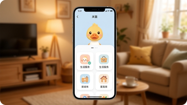 野小鸭应用主界面预览图,展示其生活服务功能模块,背景为温馨的室内环境,界面设计简洁清晰,图标色彩柔和,整体风格现代且友好,适合移动端展示。