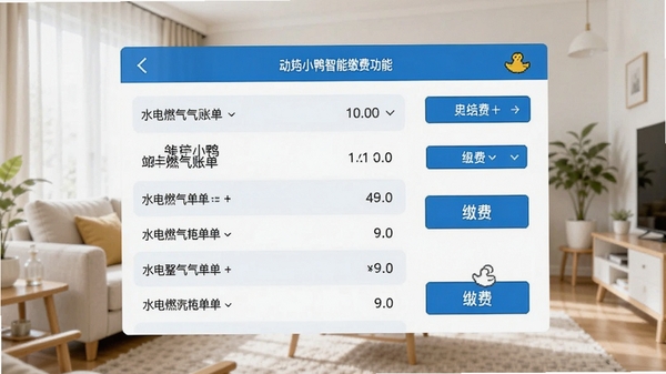 野小鸭智能缴费功能界面截图,显示水电燃气账单列表及缴费按钮,背景为明亮的客厅,界面以蓝色和白色为主色调,数据清晰可见,操作按钮醒目。