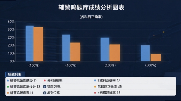 辅警鸣题库成绩分析图表,柱状图展示各科目正确率,下方列出错题列表,整体风格清爽专业