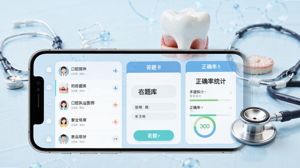口腔执业医师鸣题库软件主界面预览图,展示手机屏幕上的题库列表、答题卡和正确率统计,背景为淡蓝色医学风格,配有牙齿模型和听诊器元素,整体明亮清晰,适合软件介绍场景
