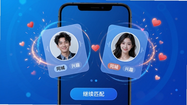 ̽����Ƶ���콻������ƥ����棬�ֻ���Ļ������ʾ�����û�ͷ��Ƭ������תƥ�䣬��Χ�а��ĺͻ���Ч������Ϊ����ɫ�Ƽ�������Ƭ���С�ͬ�ǡ�����Ȥ���ȱ�ǩ���·��С�����ƥ�䡱��ť�����涯��ʱ�У�ͻ���㷨�Ƽ�����