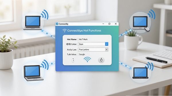 Connectify���������ȵ�Ĺ���ʾ��ͼ�������������������д��ڣ���ʾ���ȵ������������������Χ�����ż�̨�ɹ����ӵ��豸ͼ�꣬����Ϊ��������İ칫����ǿ������ʵ�����������