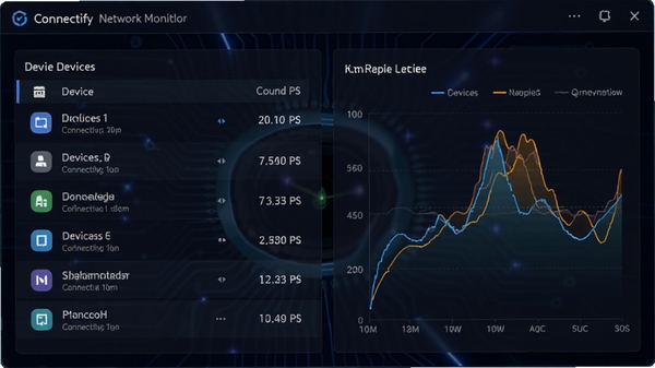 Connectify�����ع��ܽ��棬չʾ�������豸�б���ʵʱ��������ͼ������Ϊ��ɫ�Ƽ��н��棬���ݿ��ӻ�Ԫ�طḻ��ǿ��רҵ�����������