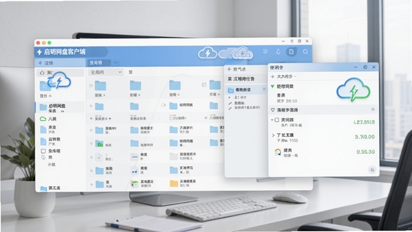 启明网盘客户端主界面截图,展示文件列表与传输任务窗口,背景为现代化办公桌面环境,界面清爽整洁,突出软件名称与云端同步状态图标