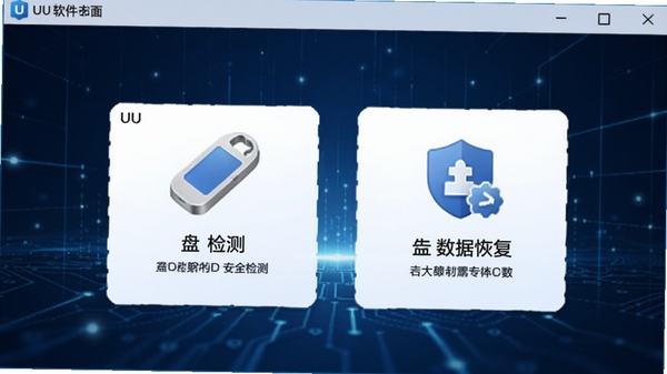 UU盘软件主界面预览图,展示U盘检测与数据恢复两大核心功能模块,界面风格简洁清晰,背景为深蓝色科技感氛围,突出软件专业性与数据安全主题