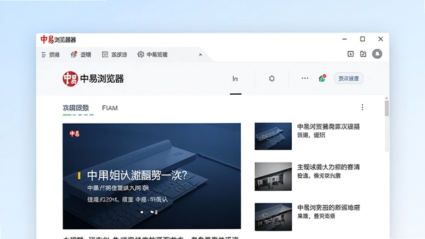 中易浏览器主界面预览图,展示其简洁的工具栏布局与一个加载完成的新闻资讯页面,背景为淡雅的蓝白渐变色,整体风格现代且清爽