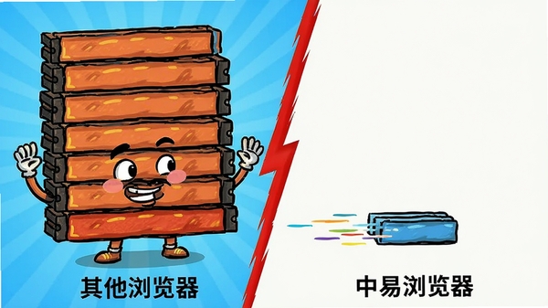 中易浏览器性能对比示意图,左侧为其他浏览器占用大量内存条的卡通形象,右侧为中易浏览器仅占用少量内存条且速度飞快,画面色彩鲜明,对比强烈