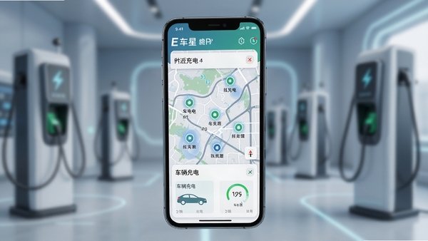 一张手机屏幕展示E车星APP界面的高清图片,界面清晰显示附近充电站分布地图与车辆充电状态信息,背景虚化处理,主体突出,现代科技感风格