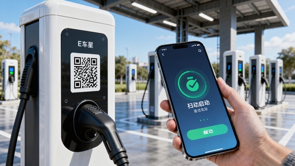 E车星APP扫码充电功能使用场景图,一部手机正在扫描充电桩上的二维码,屏幕显示充电启动成功的动画反馈,背景是现代化的充电站,色彩明亮真实