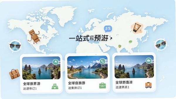 途风旅游App主界面预览图,展示全球热门目的地的精选旅游线路卡片,背景采用柔和的世界地图轮廓与旅行元素插画,整体色调清新明亮,突出“一站式预订”的核心功能,适配Boogu模型生成