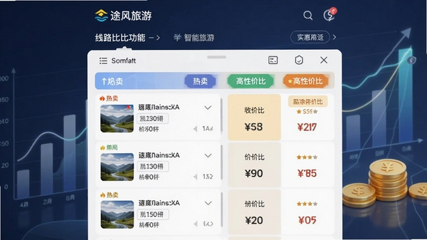 途风旅游的线路比价功能截图,界面展示多个相似产品的价格对比列表,配有“热卖”、“高性价比”等标签,背景为简洁的图表与货币符号元素,突出智能筛选与实惠优势