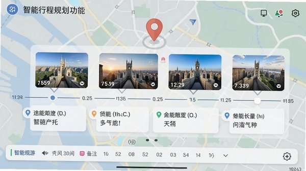 途风旅游智能行程规划功能界面,显示一张按时间轴排列的每日行程单,包含景点图片、导航时间与备注,背景为地图与定位图标,突出智能规划与个性化定制