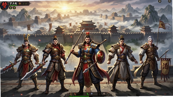 梦三国游戏全景截图,画面中央是五位三国英雄角色分立两侧,背景为宏伟的古代城池与云雾缭绕的山脉,画面风格写实且充满国风水墨质感,色彩鲜明,光影层次丰富,展现MOBA对战前的备战氛围,整体构图大气磅礴,适合作为游戏宣传主视觉。