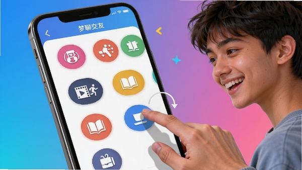梦聊交友软件的兴趣标签选择界面,屏幕上展示多个彩色圆形图标代表不同爱好,如音乐、电影、运动、读书等,一名年轻用户正在点击选择,手机界面清晰,背景为渐变蓝色与粉色,整体画面活泼生动,突出智能匹配与个性化推荐