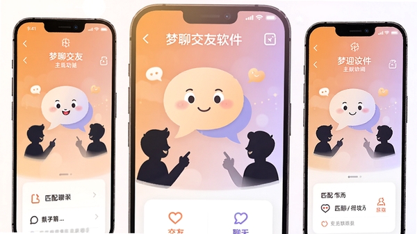 梦聊交友软件的欢迎界面与主功能布局,画面中央是卡通风格的对话气泡和人物剪影,背景为温暖的渐变橙色与淡紫色,整体氛围轻松愉快,突出交友、聊天、匹配的核心功能,界面设计简洁现代,适配手机竖屏显示