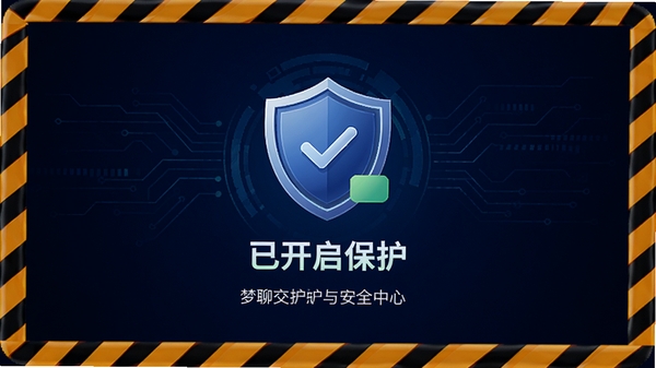 梦聊交友软件的安全中心界面,展示盾牌图标与“已开启保护”字样,背景为深蓝色科技感设计,四周有警戒线装饰,强调隐私保护与安全审核,体现应用对用户安全的重视