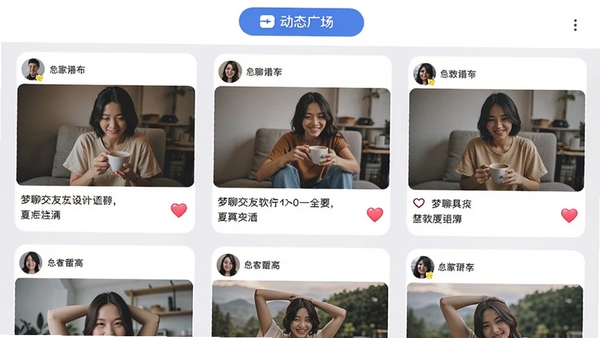 梦聊交友软件的动态广场页面,背景为浅灰色,顶部有发布按钮,信息流中包含多张用户分享的生活照片和文字描述,配有心形点赞图标,界面风格清新简洁,体现真实社交与生活分享