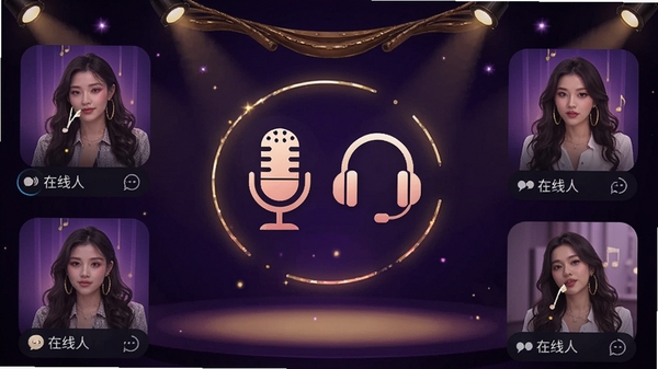梦聊交友软件的语音聊天室界面,显示多个房间封面和在线人数,背景为深紫色与金色装饰,模仿舞台灯光效果,画面中央有麦克风和耳机图标,突出语音社交与实时互动