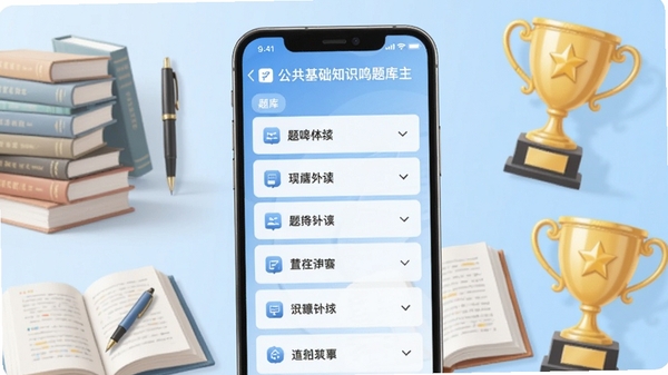 公共基础知识鸣题库主界面展示,手机屏幕中央显示题库列表,背景为淡蓝色渐变,周围有书本、笔、奖杯等学习元素,画面清晰明亮,适配Boogu模型生成
