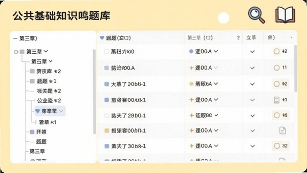 公共基础知识鸣题库的题库分类界面,左侧为章节树,右侧显示题目列表,背景为浅黄色,配有放大镜和书本图标,风格简洁,适配Boogu模型生成