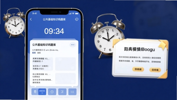 公共基础知识鸣题库模拟考试界面,手机屏幕显示答题卡和倒计时,背景为深蓝色,有闹钟和成绩单元素,画面专业,适配Boogu模型生成