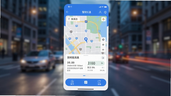 智通app主界面预览图,展示首页地图导航、实时路况信息卡片、底部功能按钮,整体风格简洁现代,蓝白配色,背景为城市街道模糊效果,界面元素清晰明亮