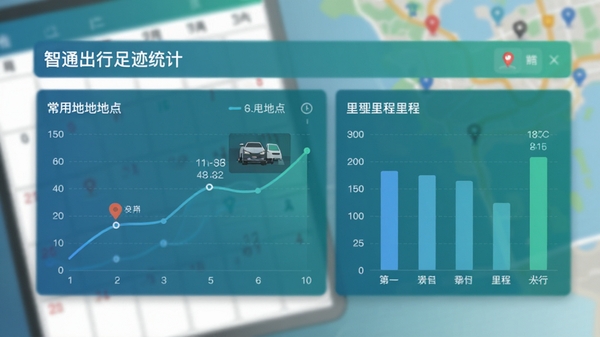 智通出行足迹统计页面,展示折线图与柱状图,标注常用地点与里程数据,界面以蓝绿色调为主,背景为模糊的日历与地图元素