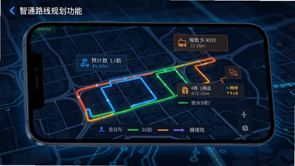 智通路线规划功能截图,手机屏幕显示多条彩色路线对比,标注预计到达时间与拥堵程度,背景为城市地图网格,界面科技感十足