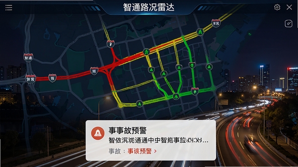 智通路况雷达界面,地图上显示红黄绿三色路况线条,底部弹出事故预警卡片,背景为夜间城市灯光,整体观感专业清晰