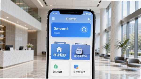 招商派应用主界面预览图,画面中央是手机模型,屏幕显示园区导航、物业报修、会议室预订等功能卡片,背景为现代写字楼大堂,风格明亮简洁,突出智慧办公与高效服务氛围