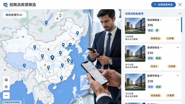 招商派房源筛选界面截图,左侧为地图分布,右侧为房源卡片列表,展示面积、租金、标签,背景有商务人士正在查看手机,整体色调偏商务蓝,突出高效匹配与智能推荐