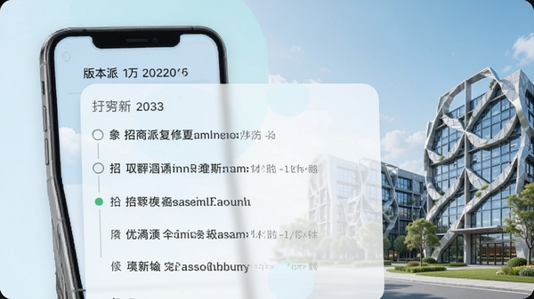 招商派更新日志截图风格,界面显示版本号与更新条目列表,背景有手机与园区建筑元素,色调清新,突出优化与修复要点