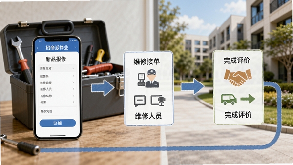 招商派物业工单处理流程图,画面展示手机上报修页面、维修人员接单、完成评价三个步骤,背景有工具箱和园区环境,风格写实,强调服务闭环与效率