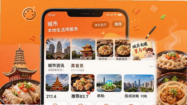 嗨耍成都应用主界面预览图,展示成都地标建筑与美食元素,背景为橙色渐变,界面简洁清晰,突出本地生活服务功能,画面主体为手机屏幕,显示城市资讯、美食推荐、景点攻略等模块,整体风格活泼现代,适合应用商店展示。