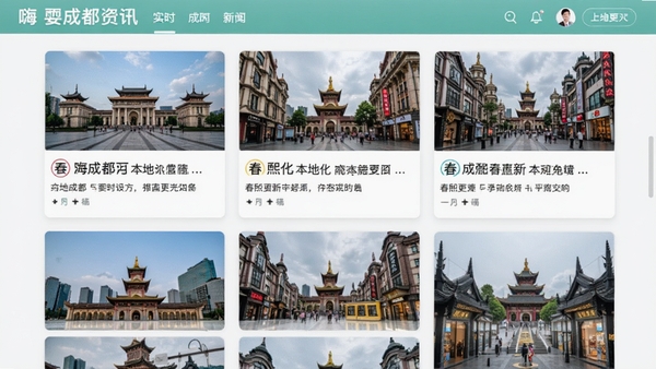 嗨耍成都资讯页面截图,显示多条本地新闻列表,配以成都天府广场、春熙路等实景图片,界面采用卡片式布局,颜色清新,文字清晰,突出实时更新与本地化特点。