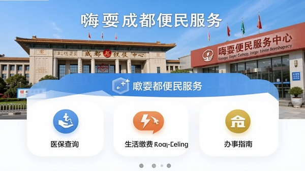 嗨耍成都便民服务界面,显示医保查询、生活缴费、办事指南等图标,背景为成都市政府大楼与便民服务中心,界面简洁明确,突出便捷实用主题。
