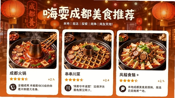嗨耍成都美食推荐页面,展示成都火锅、串串、川菜等特色美食图片,配以店铺评分与网友评价,背景为暖色调,画面诱人,突出本地美食探索主题。